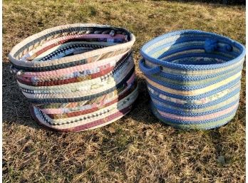 Two Patchwork Rag Woven Handled Containers