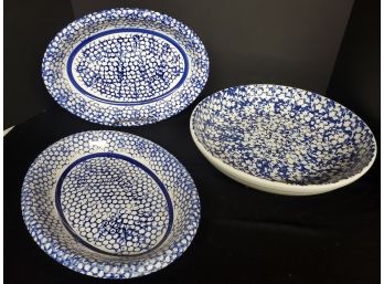 Three Cobalt Blue & White Sponge Paint Pottery Platters And Serving Bowls