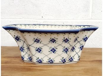 Unikat Boleslawiec Poland Pottery Hand Painted Cobalt Blue & Green Serving Bowl