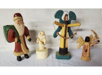 Christmas Lot, Wooden Santa And Two Angels And Snowman