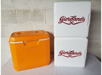 Three Cooler Lot Great Coleman Camper Cooler With Two Cup Holders And Two Styrofoam Giordanos Pizza Coolers