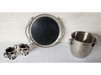 Silver Plate & Stainless Lot, 16' Serving Tray, Ice Bucket, Cream & Sugar From Forbes Silver Co.