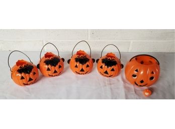 Six Halloween Plastic Pumpkin Lot And One Small Rubber One