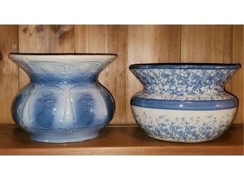 Two Vintage Blue & White Transferware & Spongeware Pottery Spittoon Cuspidor Pots