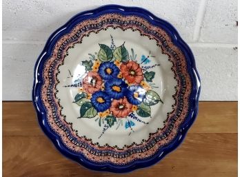 Unikat Boleslawiec Poland Hand Painted Pottery Cobalt Blue Floral Serving Bowl