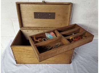 Large Vintage Wooden Fishibg Tackle Box With Pull Out Tray And Fishing Gear, Lures