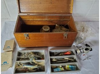 Vintage Large Wooden Oak Fishing Tackle Box With Two Pull Out Trays And Fishing Gear, Lures