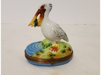 Limoges France Marque Deposee Peint Main Porcelain Pelican With Fish Miniature Trinket Box