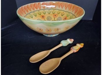 Large Floral Hand Painted Italian Pottery Serving Bowl & Pair Of Pottery & Wood Figural Spoons