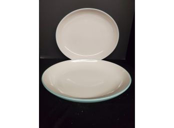 Pair Of Tabletops Unlimited Baby Blue & White Ceramic Oval Platters