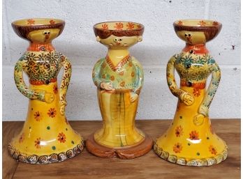 Trio Of Hand Painted Ita-Lica Ars Italy Pottery 9 Man & Women Figural Taper Candlestick Holders