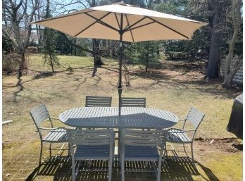 Large Aluminum Metal Patio Set With 6 Arm Chairs, Umbrella And Base