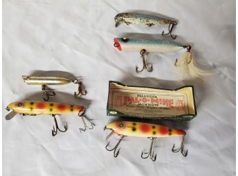 Five Vintage Fishing Lures 2 Pal O Mine 1 With Box, Older Collectible Tackle