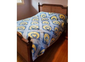 Beautiful Vintage Handmade Moon & Star Blue & Yellow Full Size Quilt