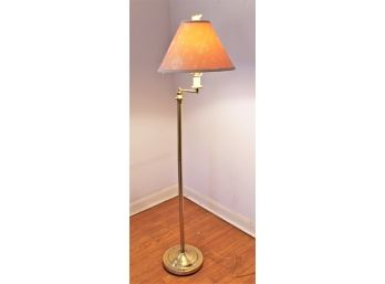 Vintage Brass Articulating Arm Floor Lamp And Pink Shade With Fleur De Lis Embroidery & Rabbit Finial