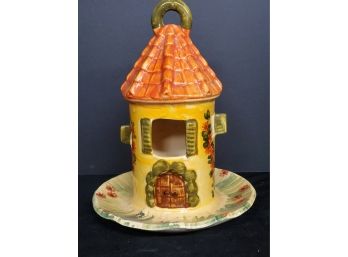 Pretty Italian Hand Made And Painted Pottery 10 Inch Garden Bird Feeder