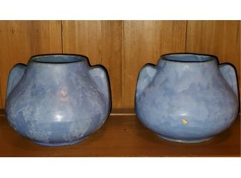 Pair Of Vintage Handmade Light Blue Glazed Pottery Pots