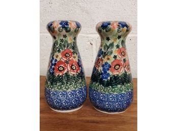 Unikat Boleslawiec Poland Hand Made Multi Colored Floral 5.75' Pottery Salt & Pepper Shakers