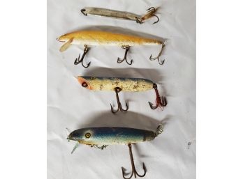 Four Vintage Fishing Lures, Wooden, Plastic And One Fishing Spoon Tackle