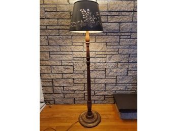 Vintage Wood Floor Lamp With Folk Primitive Styled Pierced Shade