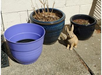 Flower Pots, Plastic, Ceramic And A Resin Rabbit