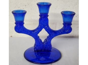 Pretty Vintage Cobalt Blue Glass Triple Candelabra