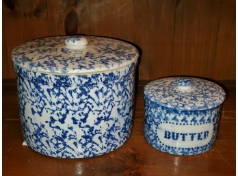 Two Vintage Blue & White Spongeware Pottery Canisters With Lids