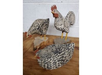 Three Adorable Hand Painted Carved Wood Speckled Chickens & Roosters - One Signed WFK