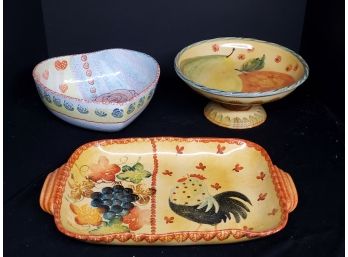 Three Ita Lica Ars & More Hand Painted Italian Pottery Serving Pieces