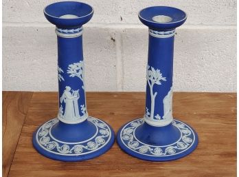 Beautiful Pair Of Vintage Dark Blue Wedgwood Jasperware England 8 Candlestick Holders