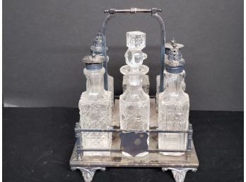 Vintage Silver Plate And Cut Glass Salt & Pepper / Oil & Vinegar Caddy Set