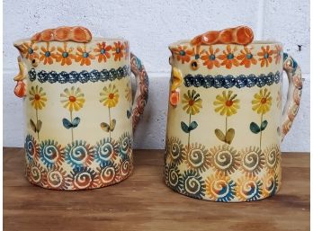 Pair Of Hand Painted Terracotta Pottery Rooster Pitchers Made In Italy