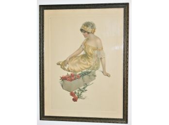 Beautiful Framed Bessie Pease Gutmann Color Lithograph The Message Of The Roses #641 Girl Dress Roses