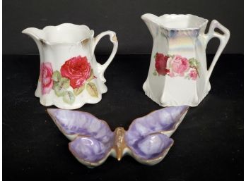 Antique Porcelain Mixed Lot - 6 Butterfly Trinket Dish & Pair Of Creamers