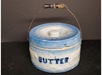 Antique Baby Blue Gradient Lidded Butter Crock With Wire & Wood Handle