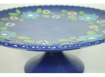 Amazing Italian Blue Glazed Cake Stand With Daisies Painted On It