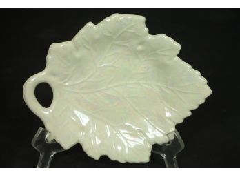 Beautiful White Porcelain Iridescent Leaf Dish Signed R84