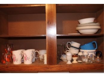 Kitchen Shelf Lot Of MID CENTURY MODERN Glassware, Plates, Etc