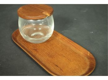SWEDISH MODERN Set Of A Small Teak Tray By FDG NORDIKA & A Glass Condiment Container With A Teak Lid By PBI