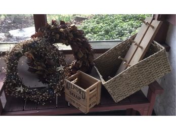 Lot Of 2 Wreaths, Woven Basket,  Wooden Box, 2 (4) Wood Peg Wall Hook