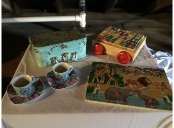 Vintage Toys Tea Set In Tin Box, Puzzle And Blocks In Pull Wagon