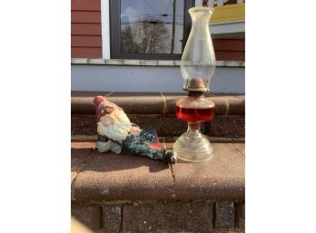 Vintage  Lamp And Garden Gnome