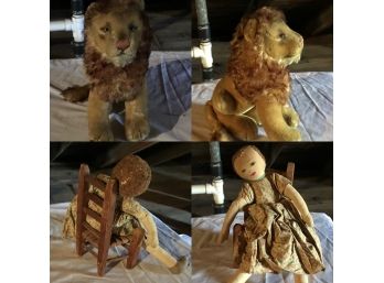 Antique StuffEd Lion And Handmade Doll