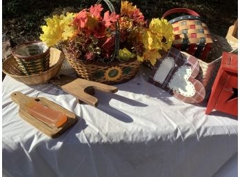 Lot Of Wooden Soapdish, Boot Remover, Baskets, Silk Flowers And More