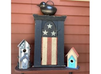 Vintage Patriotic Cabinet, Two Birdhouses, And A Bird Watering Can