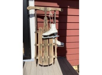 Antique Wooden Sled With Ice Skates As Vintage Decor