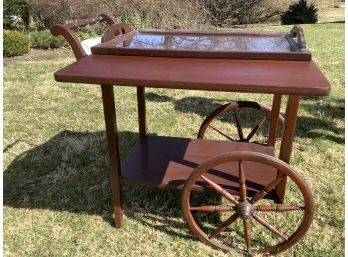 Antique Wood Wagon Wheel Tea Cart Dual Drop Sides And Small Drawer