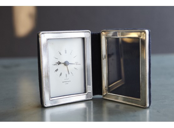 Kitney & Co, England, Polished Silver Metal And Dark Blue Velvet Clock And Picture Frame