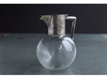 1940's Glass Pitcher With Hammered Silver Plate Lidded Top And Handle