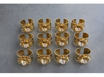 For Festive Events! Set Of Twelve 24k Gold Plated Napkin Rings With Strass Swarovski Crystals